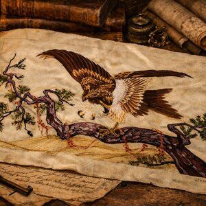 Vintage Chinese Silk Embroidery – Eagle on Pine Tree – Handcrafted Textile Art
